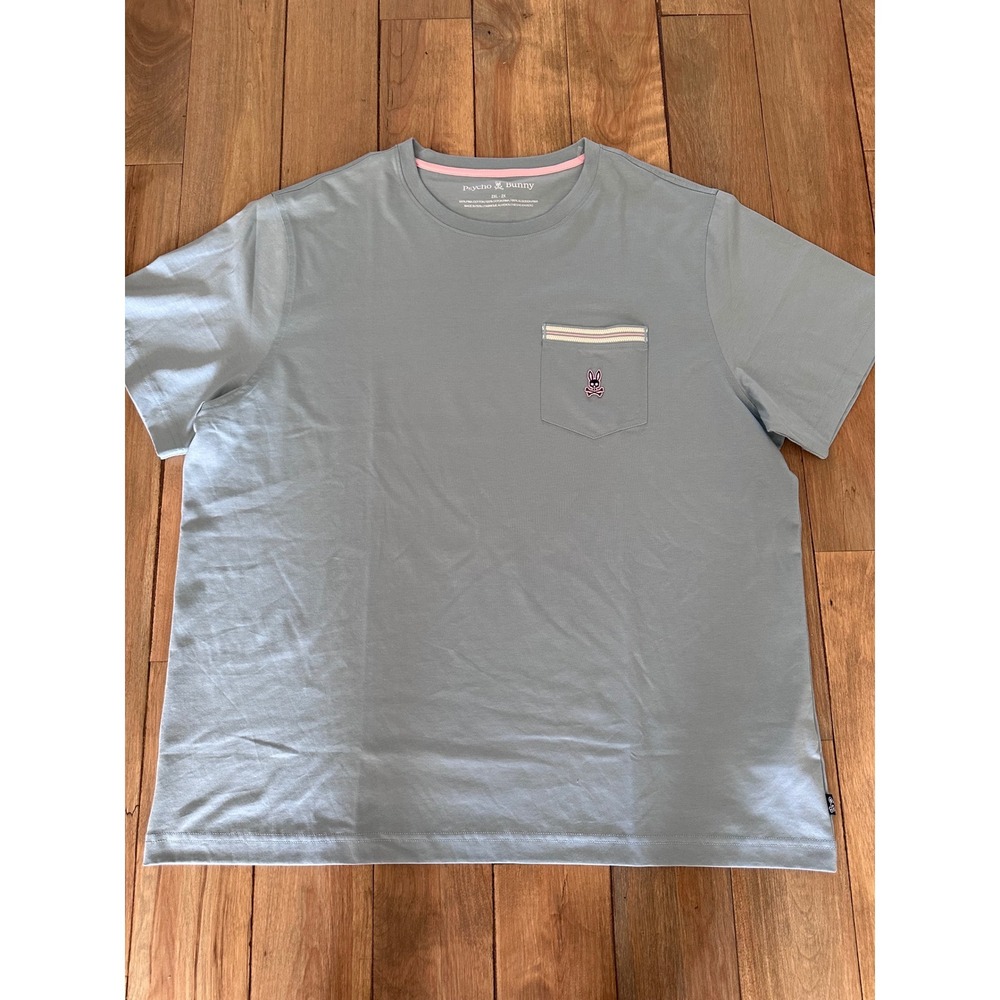 Psycho Bunny Mens 2XL Pima Cotton Pocket T-Shirt Light Blue Pink Logo Tee